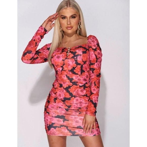 Dresses & Skirts - Black Floral Print Long Puff Sleeve Square Neck Ruched Bodycon Mini Dress
